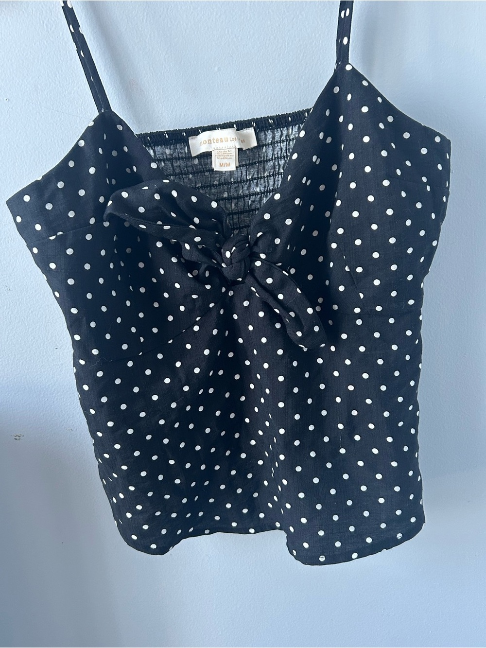 Monteau Black and White Polka Dot Tie-Front Cami